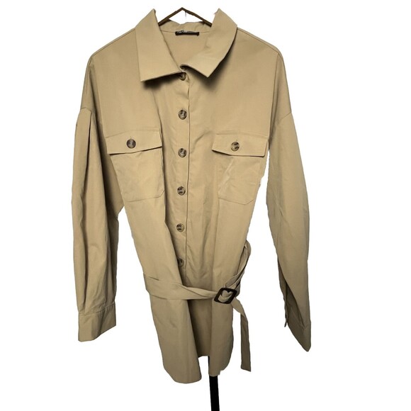 Shein Curve Jacket‎ Short Trench Coat Button Up Pockets Belt Beige Women 2XL - Picture 1 of 3